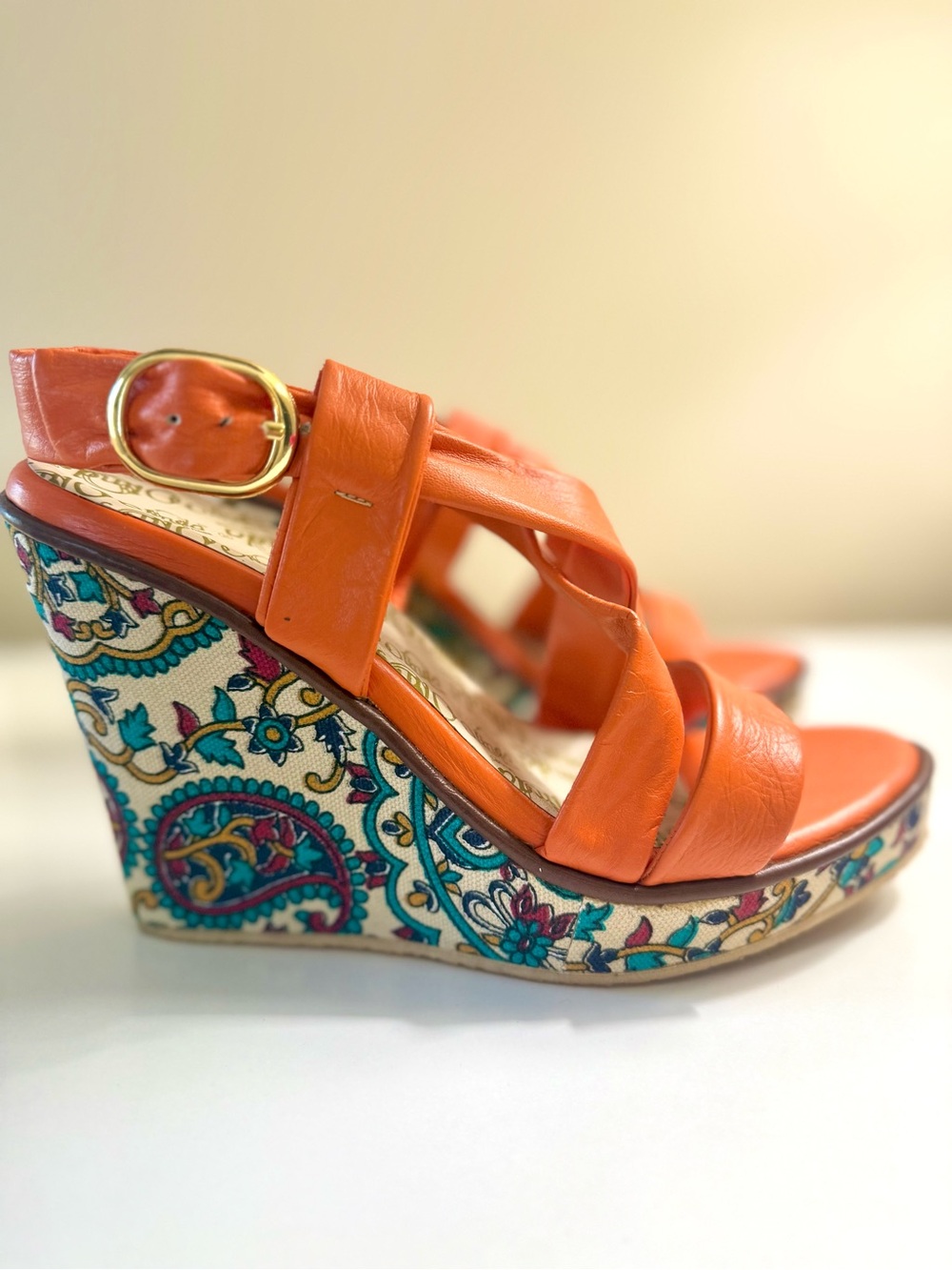 Orange Leather Wedge Sandals with Patterned Paisley Platform